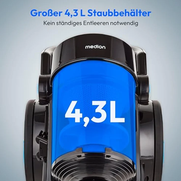 MEDION Beutelloser Zyklon-Staubsauger P4000 (900 Watt Leistung, 4,3 Liter Staubbehälterkapazität, waschbarer HEPA 13 Filter, 11 m Arbeitsradius, MD 11906) blau – Bild 3