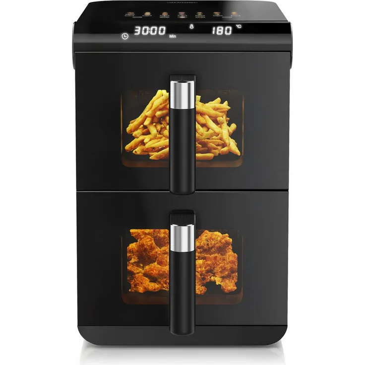 Arendo Heißluftfritteuse XXL Dual Zone Airfryer 11L, 2800 W, 2 Kammern mit Sichtfenster und Zubehör für fettarmes Kochen