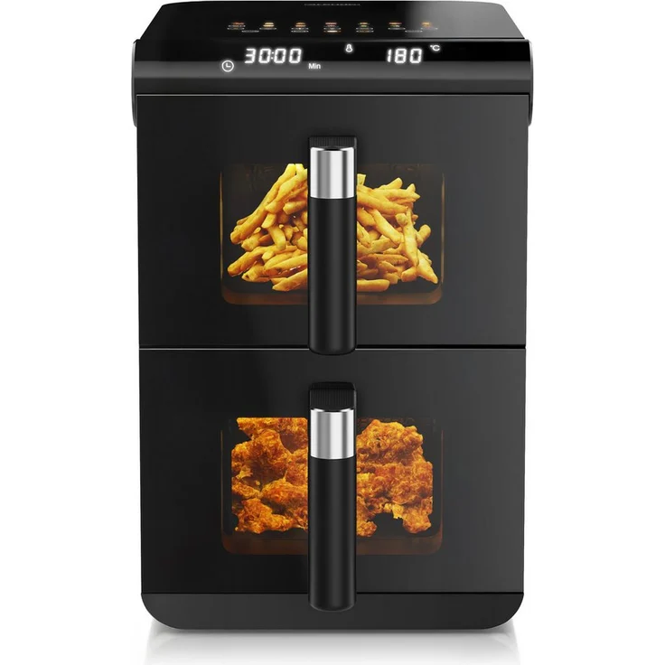 Arendo Heißluftfritteuse XXL Dual Zone Airfryer 11L, 2800 W, 2 Kammern mit Sichtfenster und Zubehör für fettarmes Kochen