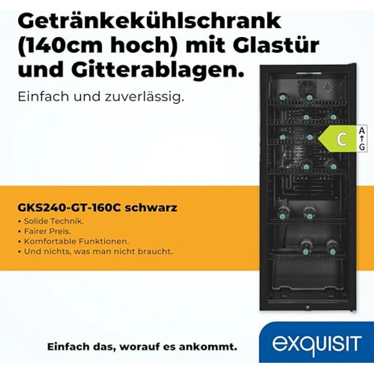 exquisit Getränkekühlschrank GKS240-GT-160C schwarz, Glastürkühlschrank mit 237 l Volumen – Bild 2