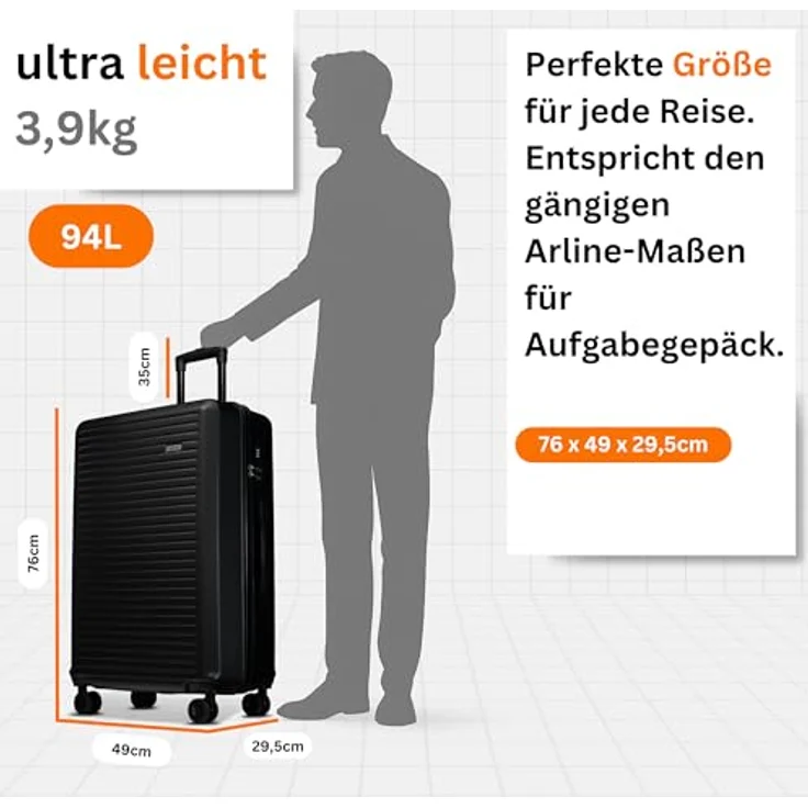 NOWI Koffer XL 94L – Hartschalen-Reisekoffer in Midnight Black, ultraleicht mit 4 Doppelrollen, Zahlenschloss, für 20kg Gepäck – Bild 3