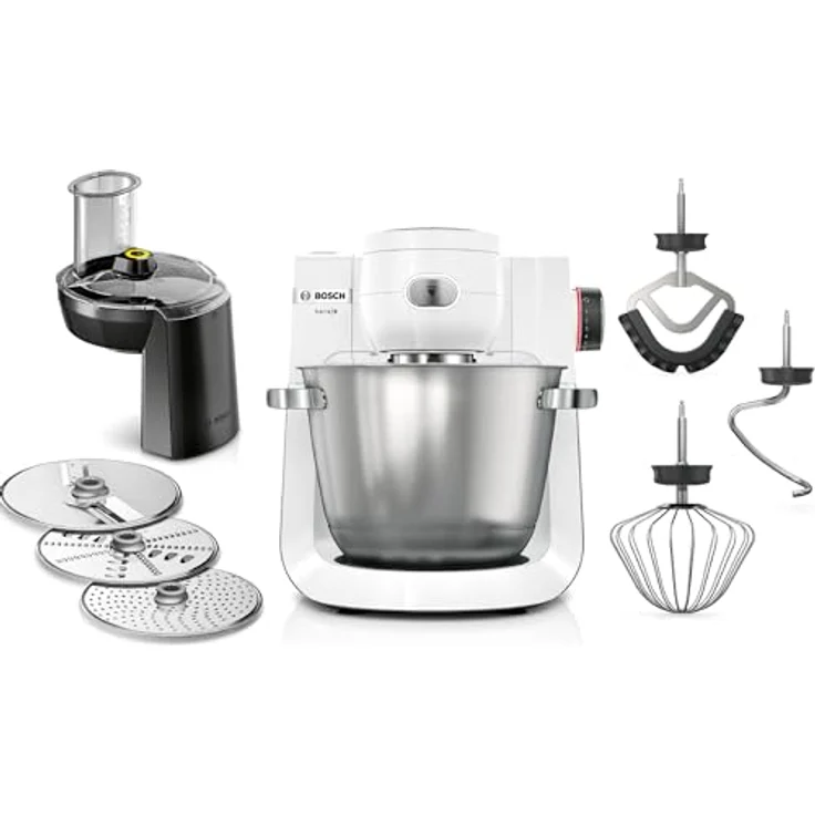Bosch Küchenmaschine Serie 6 MUMS6EW13D, NEU, 7 Geschwindigkeitsstufen, 5,5l Schüssel, Durchlaufschnitzler, 3 Scheiben, Knethaken, Rührbesen, Silikonbesen, spülmaschinenfest, 1.600 W, silber/weiß – Bild 1