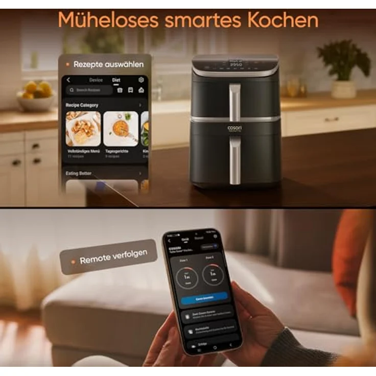 COSORI Turbo Tower Pro Smart, 10,8L Double Stack Airfryer mit WLAN, DualBlaze Technologie und Keramikbeschichtung, Silbergrau – Bild 3