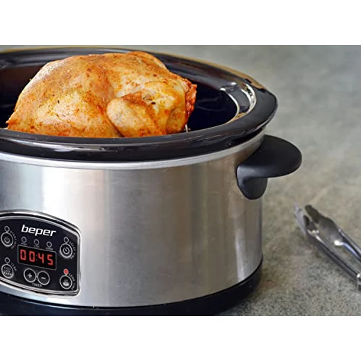 Beper BC.510 - Slow Cooker Kochtopf mit digitalem Display, Keramikbehälter, 3 Kochen, Warmhaltefunktion, Timer und Verzögerungsstart, 280 W, 4,5 Liter, Struktur, Schwarz und Stahl – Bild 4