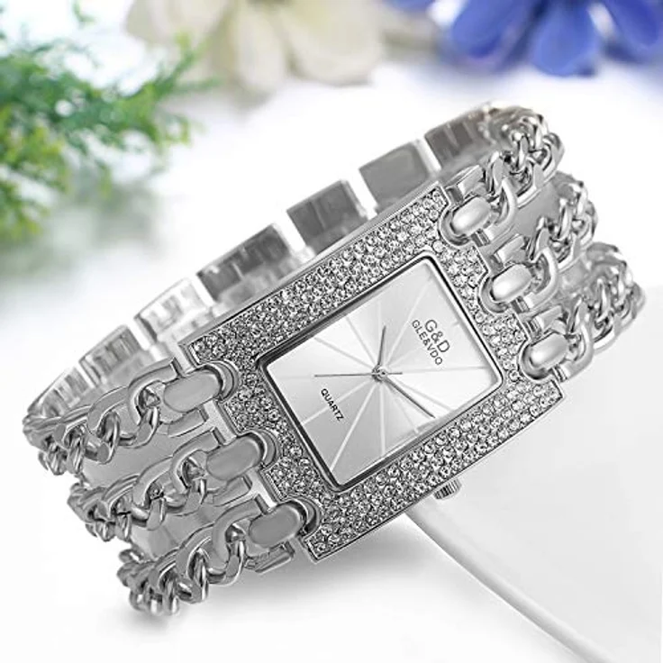 JewelryWe Damen Armbanduhr, Elegant Analog Quarz mit Strass, Rechteckig, Silber, dreifach Panzerkette Armband – Bild 2