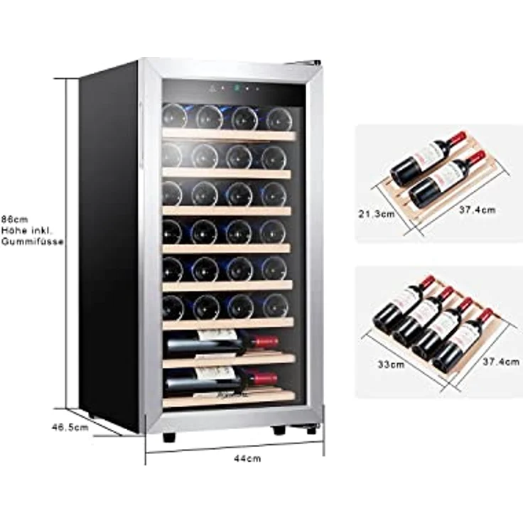 Kalamera Weinkühlschrank, 28 Flaschen 86 Liter, Touch-Bedienfeld, Edelstahl Glastür, 5-18°C Kühlzone, Abnehmbar Holzauflagen, KRC-86FCSS-W – Bild 5