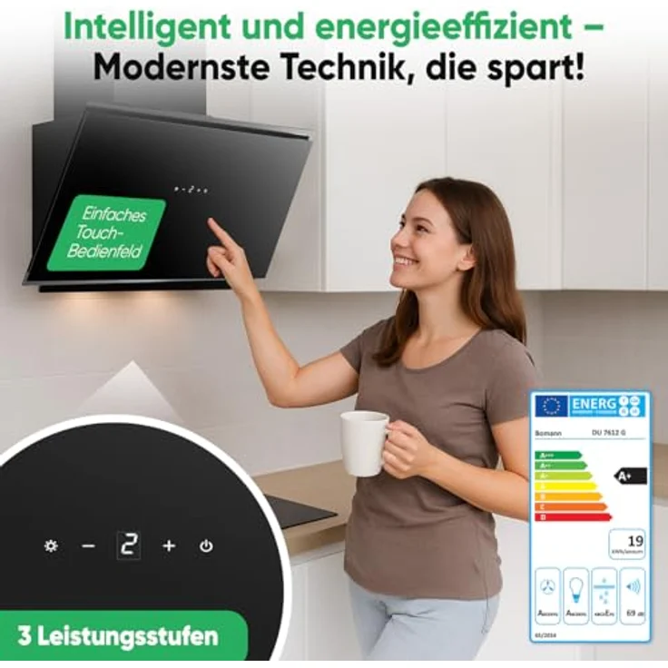 Bomann® Dunstabzugshaube DU 7612, 80 cm breite Kopffreihaube, Umluft- und Abluftbetrieb, 520 m³/h, inklusive Montage-Material, schwarze Oberfläche, 3 Leistungsstufen – Bild 5