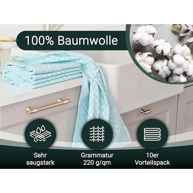 ZOLLNER 10er Set Geschirrtücher Baumwolle in 46x70 cm - super saugstarke und robuste Küchentücher – waschbar bis 60°C – in Mint kariert - Gastronomiequalität - Oeko Tex® Zertifiziert – Bild 2