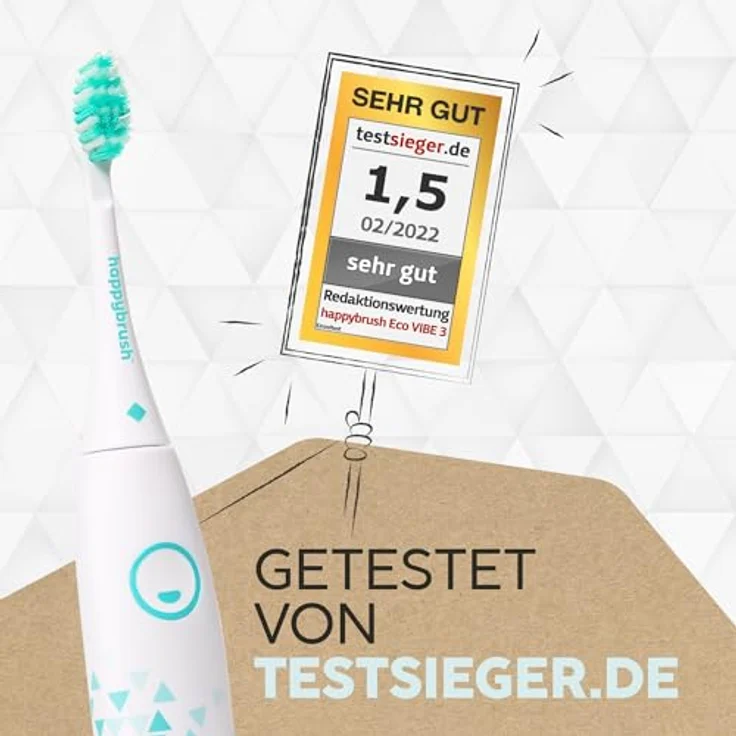 happybrush Elektrische Schall-Zahnbürste Eco VIBE 3 - Nachhaltig mit 6 Wochen Power-Akku, inkl. 3 Aufsteckbürsten und Zahnpasta - Weiß/Mint – Bild 3