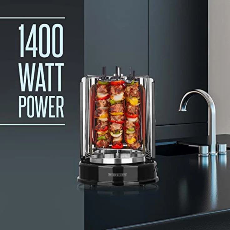 Heinrich´s Dönergrill, Schaschlikgrill, Rotissiere Hähnchengrill, Gyros Kebab, 1400 Watt, Drehspieß, aus Edelstahl, inkl. 6 Schaschlikspieße, silber, schwarz – Bild 4