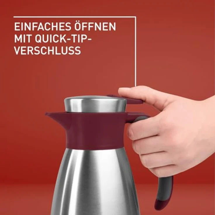 Emsa Soft Grip Isolierkanne, 1,5 Liter, Edelstahl, 12 Stunden heiß + 24 Stunden kalt, Auslaufsicher, Rutschfester Griff, Farbe Weinrot N4120500 – Bild 4