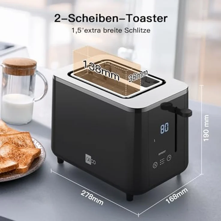 aeco toastlab PRO Toaster 2 Scheiben, Edelstahl schwarz, mit LED-Touch, 6 Bräunungsstufen, extra breite Schlitze, Auftau- & Aufwärmfunktion, 920W, Liftfunktion, Krümelfach, Abschaltautomatik – Bild 2