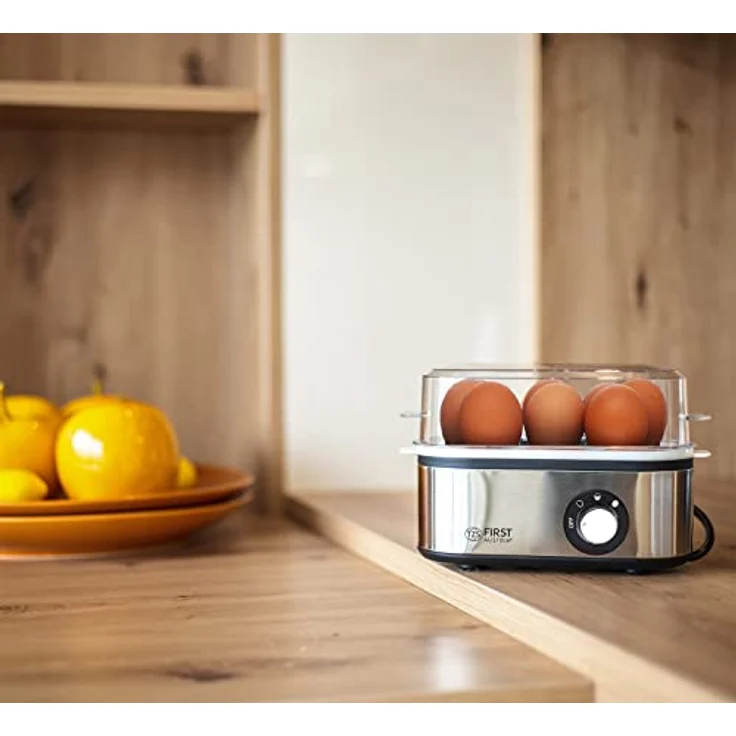 TZS First Austria Elektischer Eierkocher, 8 Eier, Messbecher, 500W, Edelstahl, Kontrollanzeige, Aufwärmfunktion, Zeitschalt- und Summerfunktion – Bild 2
