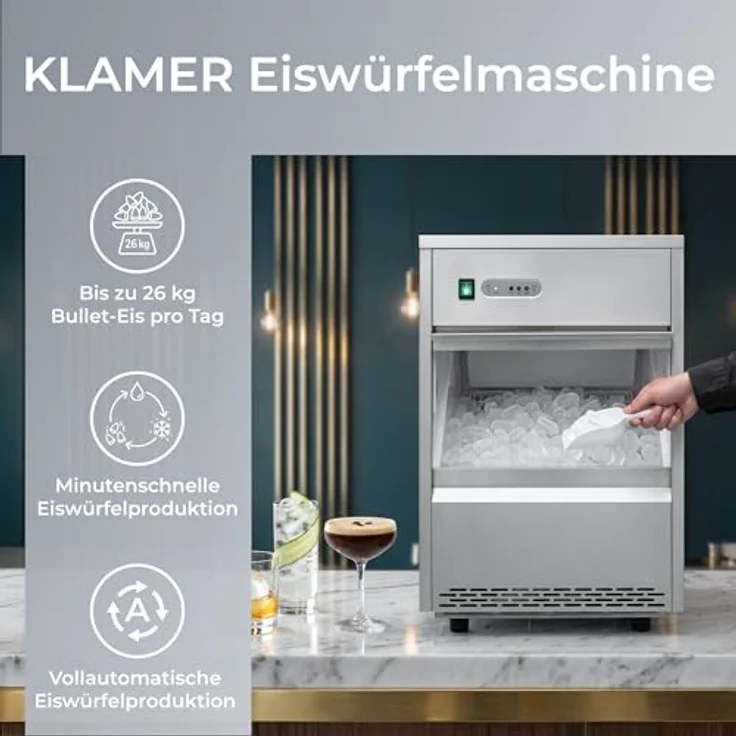 KLAMER Power Eiswürfelmaschine 26 kg/24h, vollautomatisch, Edelstahl, hygienischer PU-geschäumter Eisbehälter für Gastronomie – Bild 2