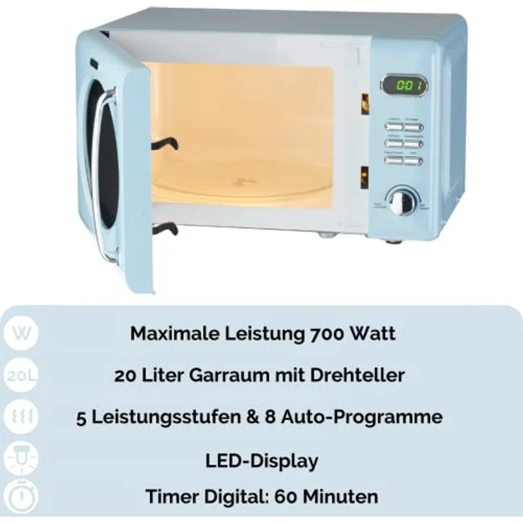 PKM WOLKENSTEIN Mikrowelle WMW720, Retro, Standgerät, 700 Watt, blau, 20 Liter Garraum, 8 Automatik-Programme, Drehteller, 60 Min Timer, Kindersicherung – Bild 2
