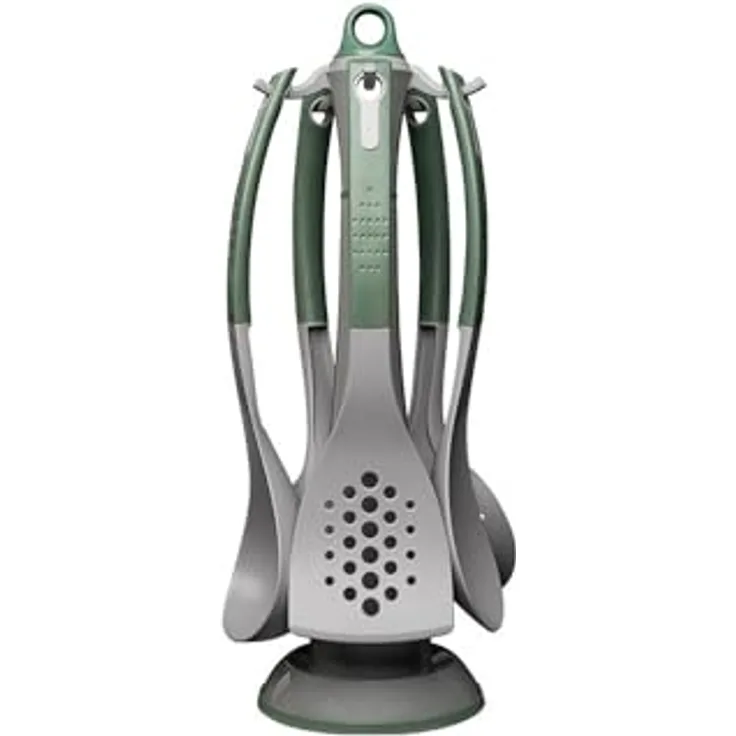 Michelino 6-tlg. Küchenhelfer-Set Serie Alythia, hitzebeständige Nylonutensilien mit drehbarem Ständer, Grün/Grau