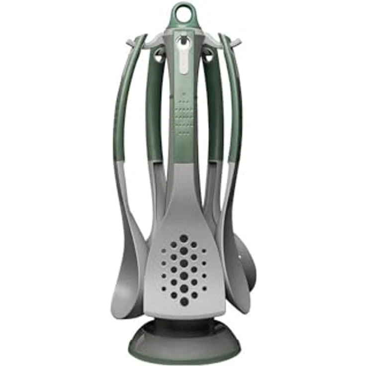 Michelino 6-tlg. Küchenhelfer-Set Serie Alythia, hitzebeständige Nylonutensilien mit drehbarem Ständer, Grün/Grau