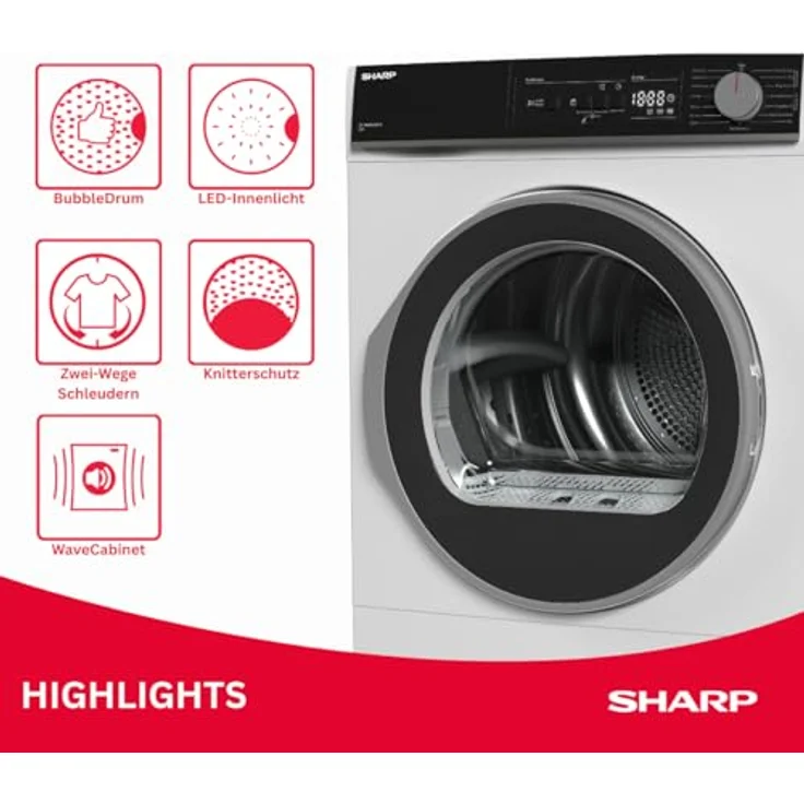 SHARP KD-NHA8S6GW1D-DE Wärmepumpentrockner 8 kg, LED Display, BubbleDrum, 15 Programme inkl. BabyCare und Jeans, Super Silent, Energieeffizienzklasse D – Bild 3