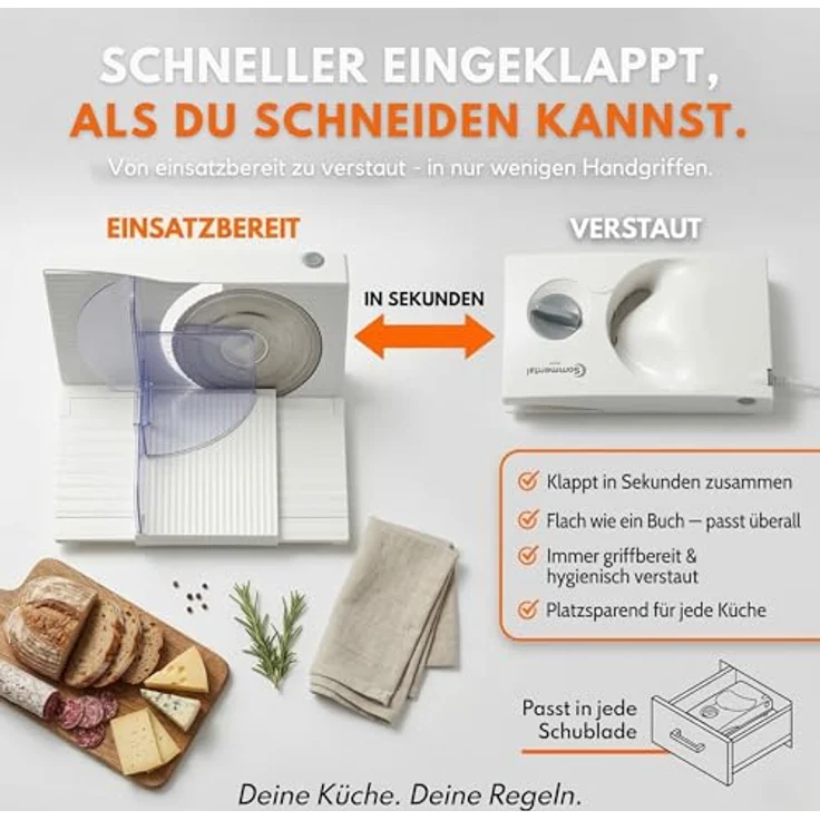 Sommertal Allesschneider AS170 150W Edelstahlmesser mit Wellenschliff, 0-15mm, klappbar, elektrische Schneidemaschine Brotschneidemaschine weiß – Bild 6