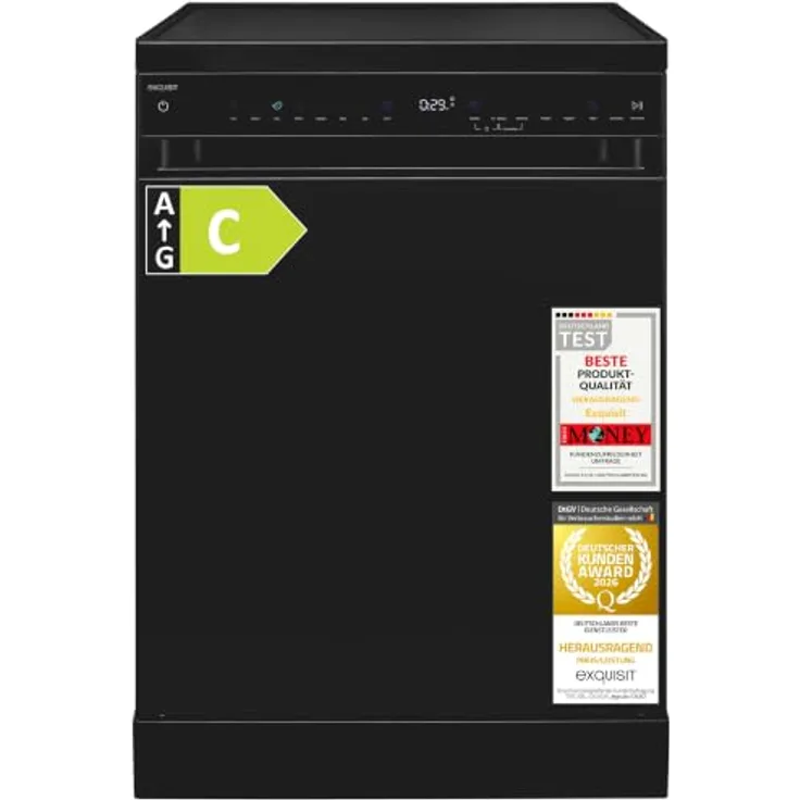 Exquisit GSP59316-450C Geschirrspüler, 16 Maßgedecke, Energieklasse C, 8 Spülprogramme, Aquastop, Innenbeleuchtung, unterbaufähig, schwarz