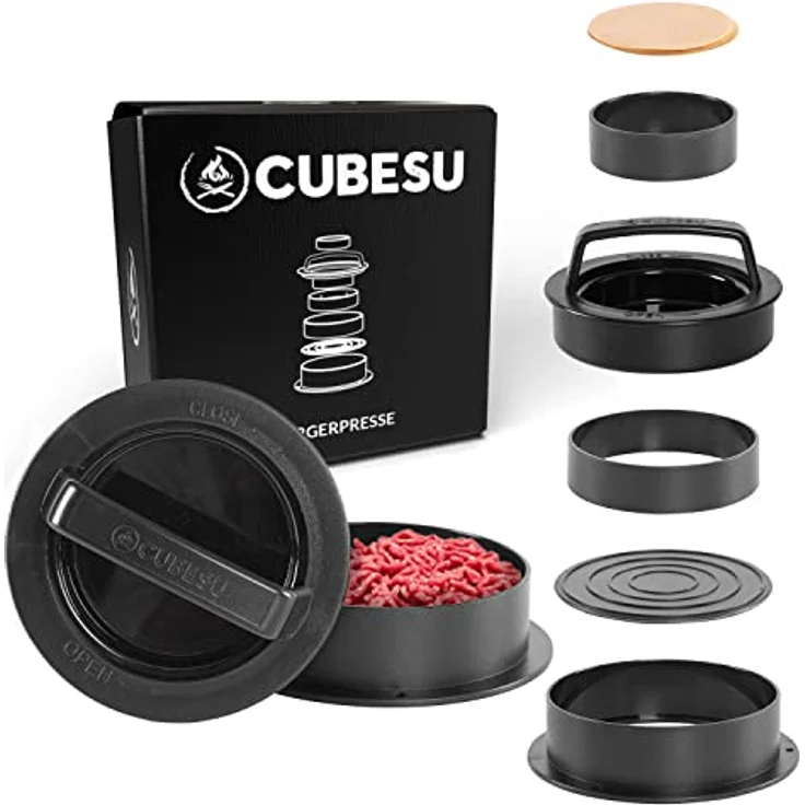 Cubesu Burgerpresse Set, 3 Ringformen in verschiedenen Größen, Antihaftbeschichtung, 75 Blatt Backpapier, inkl. Stempel für gefüllte Patties – Bild 1