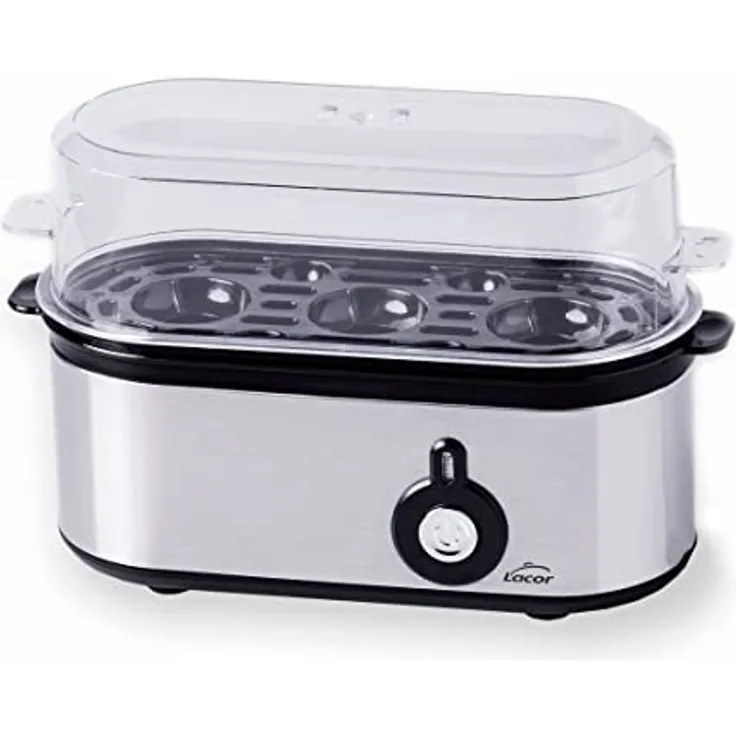 Lacor - 69343 - Eierkocher TRI OVUM, Edelstahl 18/10, 100% BPA-frei, 3 Kochstufen: Hart, Mollet, Wasser durchgelassen, Kapazität: 3 Eier, automatische Abschaltung, 20,2 x 8,6 x 13,5 cm, Grau