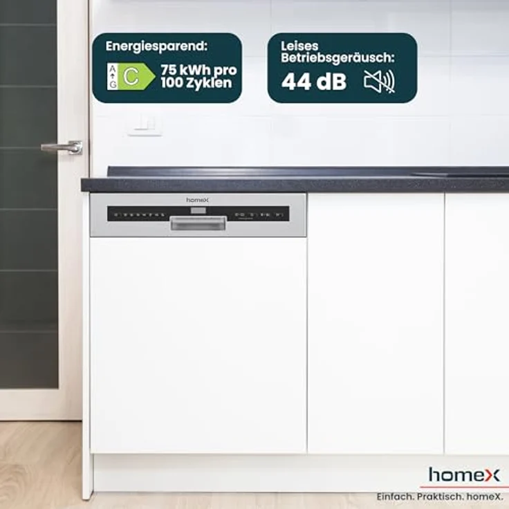 homeX DWSI601444C Geschirrspüler 60 cm, teilintegrierbare Spülmaschine für 14 Maßgedecke, 7 Programme, AquaStop, 44 dB, Edelstahl-Innenraum – Bild 6