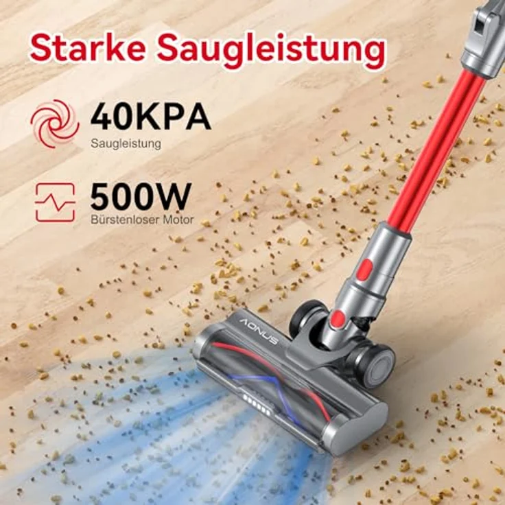 aonus A9 Pro Akku Staubsauger | 500W 40KPa Staubsauger Kabellos Starke Saugsleistung | Faltbarer Stabstaubsauger | 60Min. Laufzeit | Bürstenloser Motor | für Tierhaare Teppich Hartböden Reinigen – Bild 2