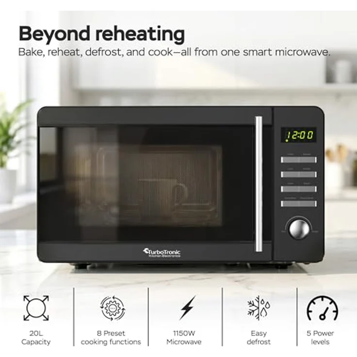 TurboTronic TT-MW20 Digitale Mikrowelle, 700 Watt, 8 Automatik-Kochprogramme, 5 Stufen, 30s Quickstart, LED-Display, Kindersicherung, Schwarz – Bild 5
