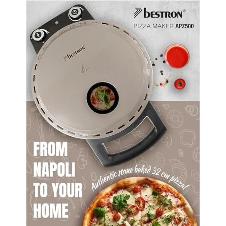 Bestron Pizzaofen APZ500SAT, elektischer Pizzaofen mit bis zu echten 320°C Höchsttemperatur, inkl. Schamottstein & 2 große Holzspatel, Satin Collection, Beige – Bild 2