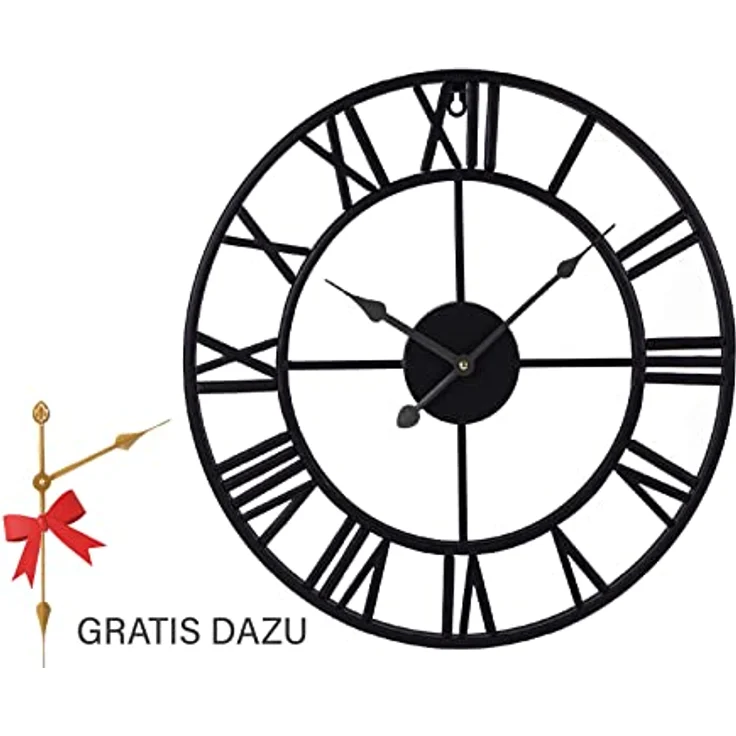 Samilito Große Wanduhr im Vintage-Stil, rund, geräuschlos, schwarz, 2cm Dicker Rahmen, Gratis EIN Extraset Uhrzeiger in Gold, Metalluhr für Lof Wohnzimmer, Schlafzimmer und Küchendekoration – Bild 2