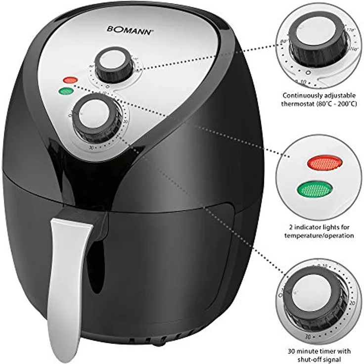 Bomann FR 6002 H CB Heißluft-Fritteuse, 3,6 L, stufenlos regelbarer Thermostat, 30-Minuten-Timer mit Endsignal, 2 Kontrolleuchten – Bild 3