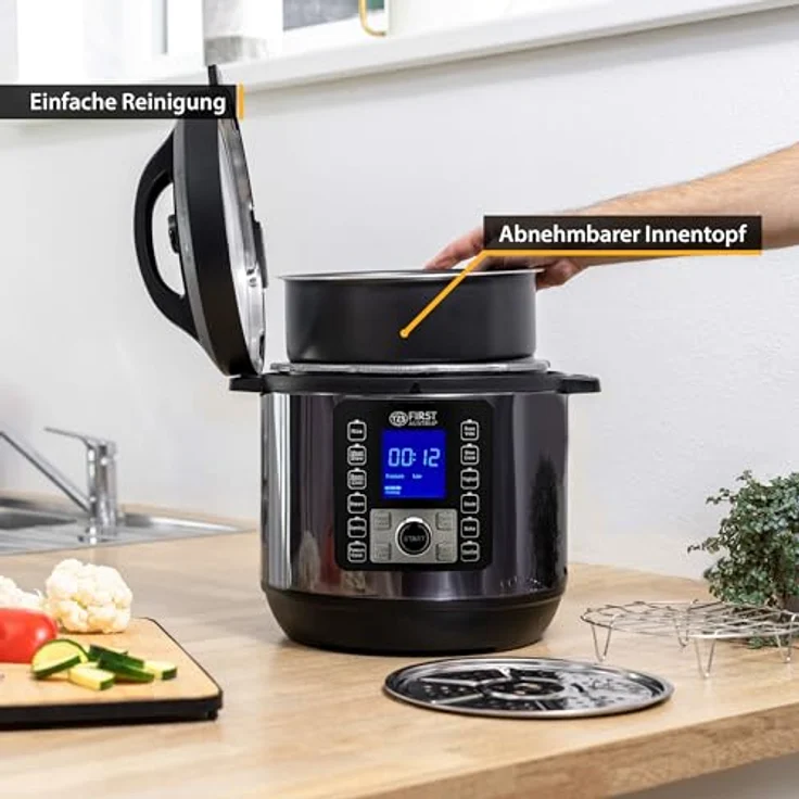 TZS FIRST AUSTRIA Multikocher Druckkochtopf 6L, 12 Programme, Schnellkochtopf, Dampfgarer, 1000 W, Grau-Schwarz – Bild 6