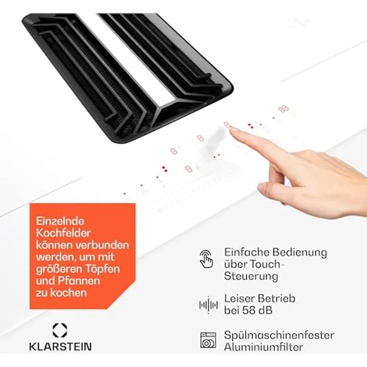 Klarstein AirJet 90 Induktionskochfeld mit integriertem Dunstabzug, 750 m³/h, Energieeffizienzklasse A++, 10.000-W-Boost, Flexzonen, Touchpanel, Kindersicherung, Weiß, 90 cm – Bild 5