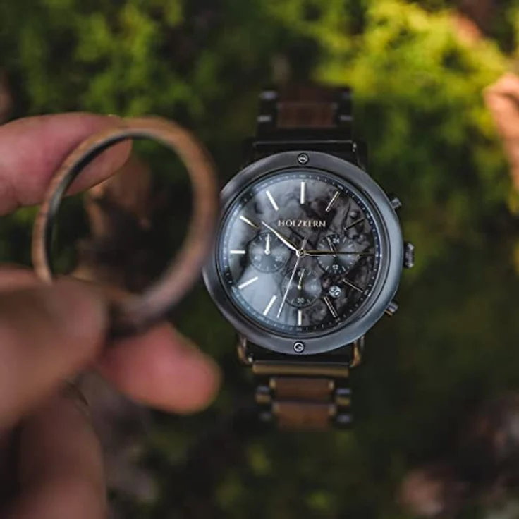 Holzkern Quarzuhr Chronograph Askja, Walnuss/Marmor, Edelstahl, 45 mm, Datumsanzeige, Stoppuhr bis 60 Minuten, spritzwassergeschützt – Bild 8