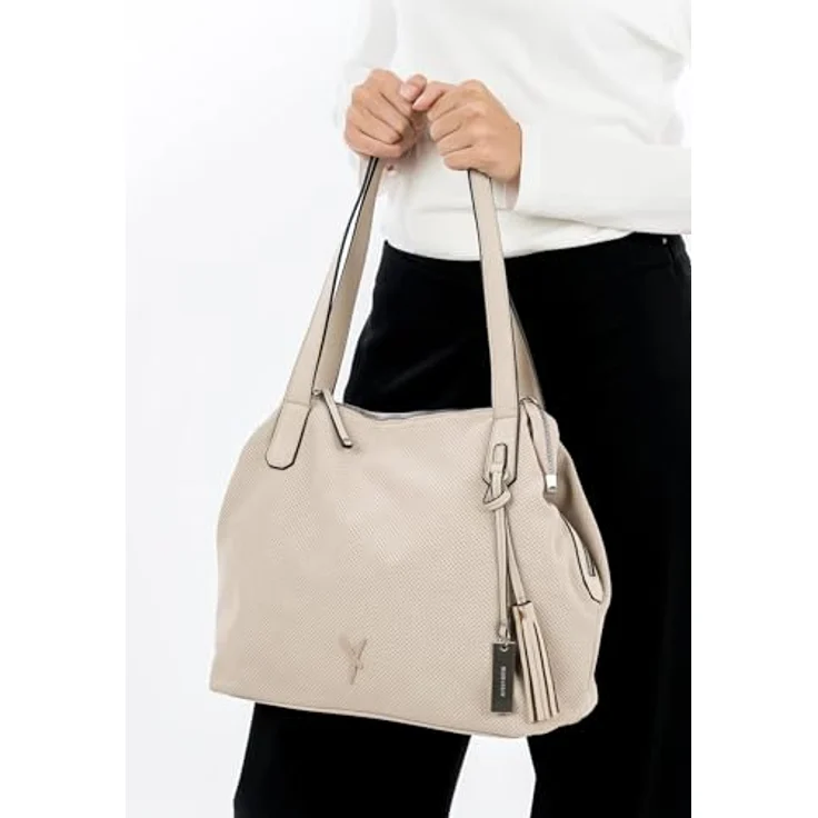 SURI FREY Shopper SFY Romy, Veganer Damen Shopper aus Feinsynthetik mit Lasercut-Optik, Uni-Design, abnehmbarem Umhängeriemen - Schwarz – Bild 4