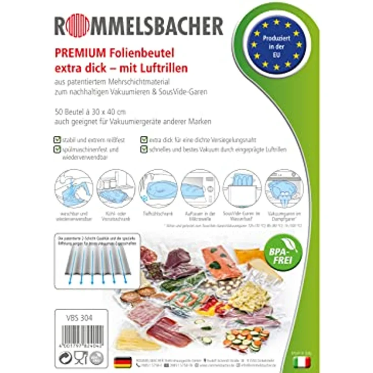 ROMMELSBACHER VBS 304 Profi Folienbeutel 50 Stück, 30 x 40cm, BPA-frei, eingeprägte Luftrillen, wiederverwendbar, Sous vide geeignet, extrem reißfest, für alle Balkenvakuumierer – Bild 2