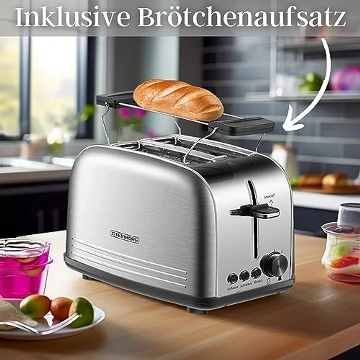 Edelstahl Toaster mit Brötchenaufsatz | Toaster 2 Scheiben | Doppelschlitz Toaster | 7 Stufen | 4 Funktionen| Toastautomat | Krümelschublade – Bild 2