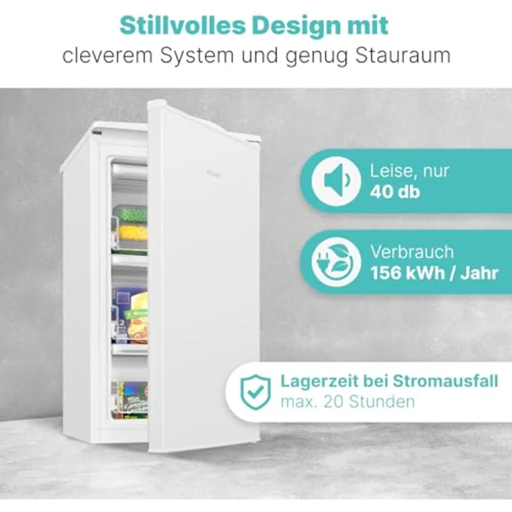 Bomann GS 7256, kleiner Gefrierschrank mit 60L, 4 Sterne-Gefrierfach, 3 Fächer, leise, wechselbarer Türanschlag, weiß – Bild 6
