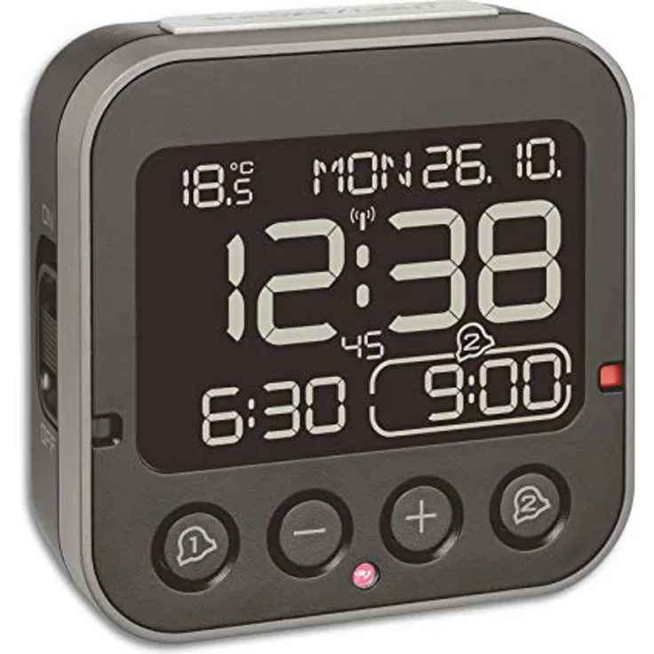TFA Dostmann Bingo 2.0 digitaler Funk-Wecker, 60.2552.01, hohe Genauigkeit, Funkuhr, Temperaturanzeige, Datum,L 95 x B 41 x H 96 mm