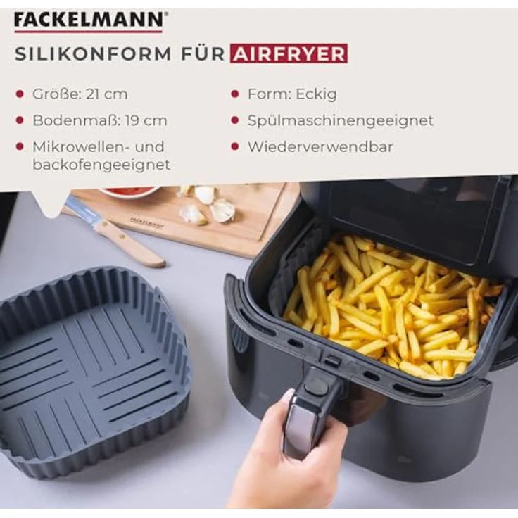 Fackelmann Silikonform für Heißluftfritteuse, 21 cm, eckig, aschgrau, antihaftbeschichtet, spülmaschinengeeignet – Bild 4