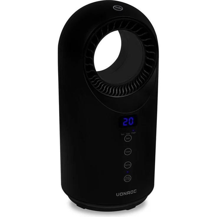 VONROC Heizlüfter, Elektrische Heizung mit 1000W/1500W, lamellenlos, Keramik, 3 Heizstufen, Fernbedienung, Swing-Funktion, Thermostat und Timer, für Räume bis 15m², schwarz