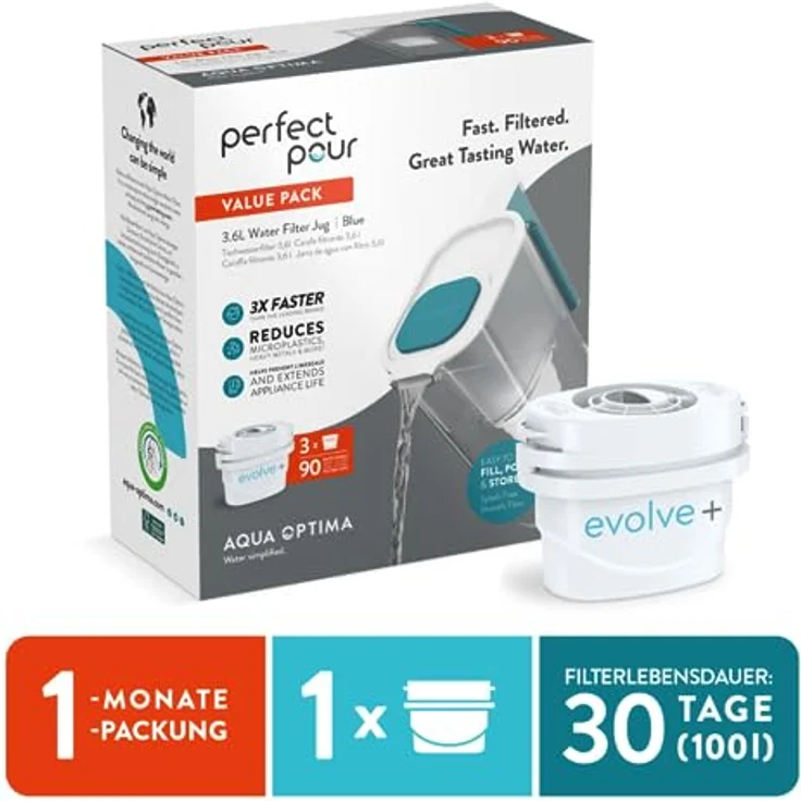 Aqua Optima Perfect Pour Wasserfilterkanne, 3,6 Liter mit Evolve+ Wasserfilterkartusche zur Reduzierung von Mikroplastik, Chlor und Kalk, Blau – Bild 2