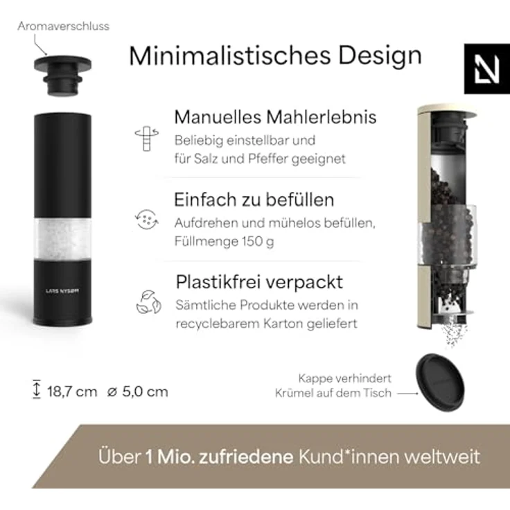 LARS NYSØM Salz und Pfeffermühle Set "Lagom", Manuell mit einstellbarem Keramikmahlwerk, Edelstahl, 2 Stück, Schwarz/Beige – Bild 4