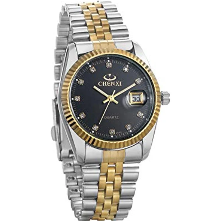JewelryWe Paar Uhr Analog Quarz mit Kalender, 30M wasserdicht, Edelstahl Armband, schwarz Strass Zifferblatt – Bild 1