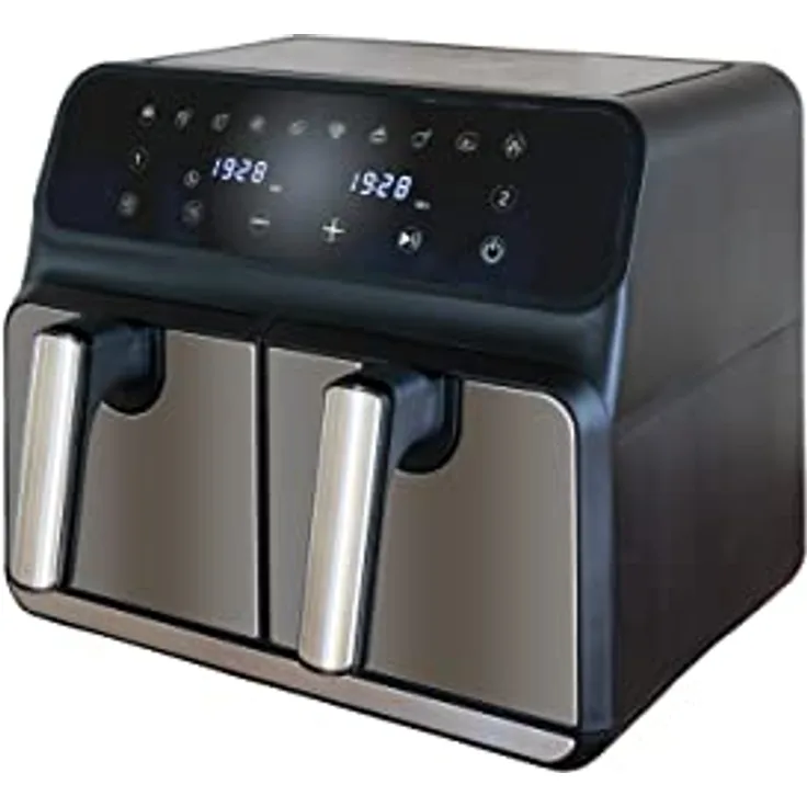 Unold Heißluftfritteuse Doppelkammer TWIN ZONE 58685 | Doppel-Heißluftfritteuse mit 8 Liter Volumen verteilt auf 2 Kammern, entnehmbare Grillroste, 1.700 Watt, BPA-frei