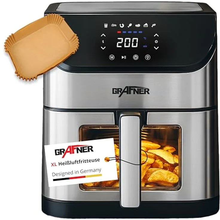 Grafner XXL Digitale Heißluftfritteuse 8 L, 1800 Watt, LED Touchscreen, 7 Programme, Sichtfenster, Edelstahl, inkl. 100x Backpapier, Antihaft-Beschichtung, ölfrei – Bild 1