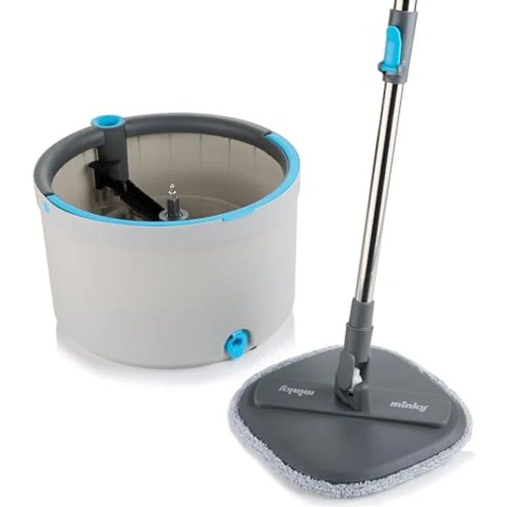 Minky Opti-Clean Spin Mop, 360° Spin & Rinse & Wringing System, Wiederverwendbares Leistungsstarkes Mikrofaser-Klettpolster, Dual-Hohlraum 2L Eimer mit stabilem Griff, Hellgrauer Eimer – Bild 1