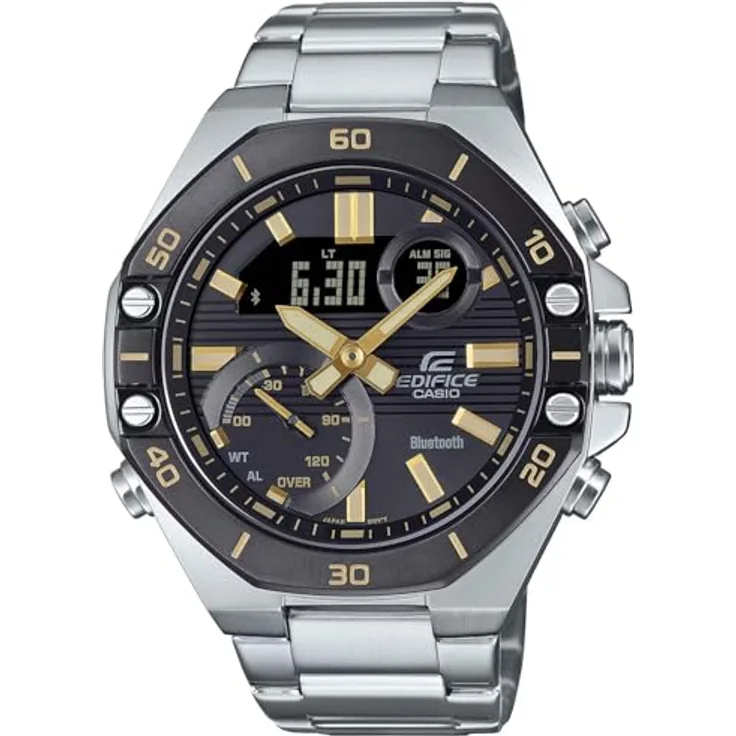Casio ECB-10DB-1A9EF, Analog-Digital-Chronograph mit silbernem Edelstahlband, Bluetooth, Stoppuhr, Weltzeit und Wasserdichtigkeit bis 10 bar, schwarz-silberner Zifferblattfarbe