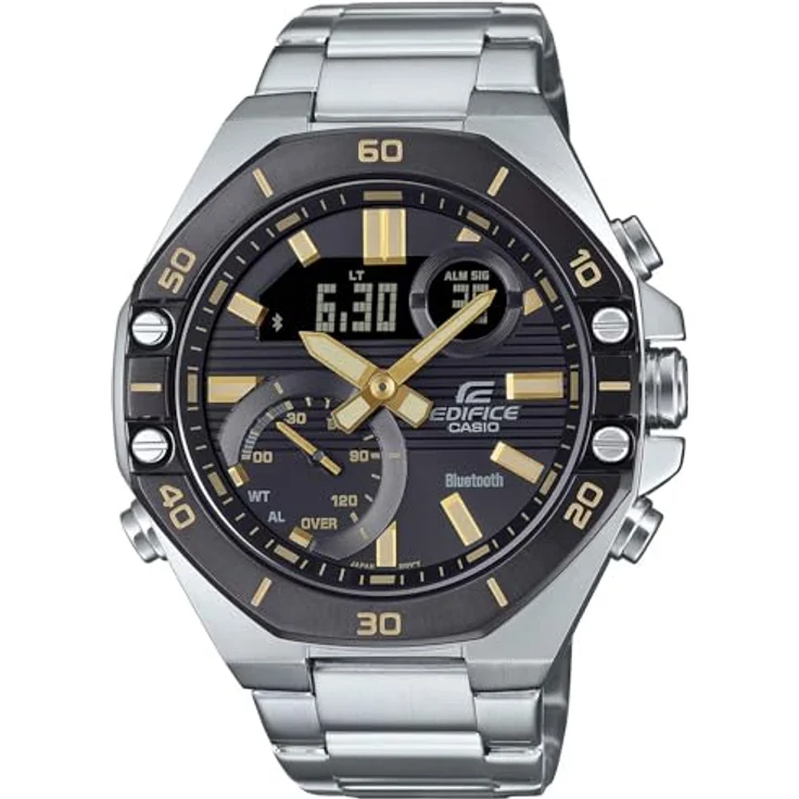Casio ECB-10DB-1A9EF, Analog-Digital-Chronograph mit silbernem Edelstahlband, Bluetooth, Stoppuhr, Weltzeit und Wasserdichtigkeit bis 10 bar, schwarz-silberner Zifferblattfarbe – Bild 1